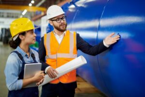 Waist up portrait of factory foreman doing quality inspection with female worker in workshop, copy space